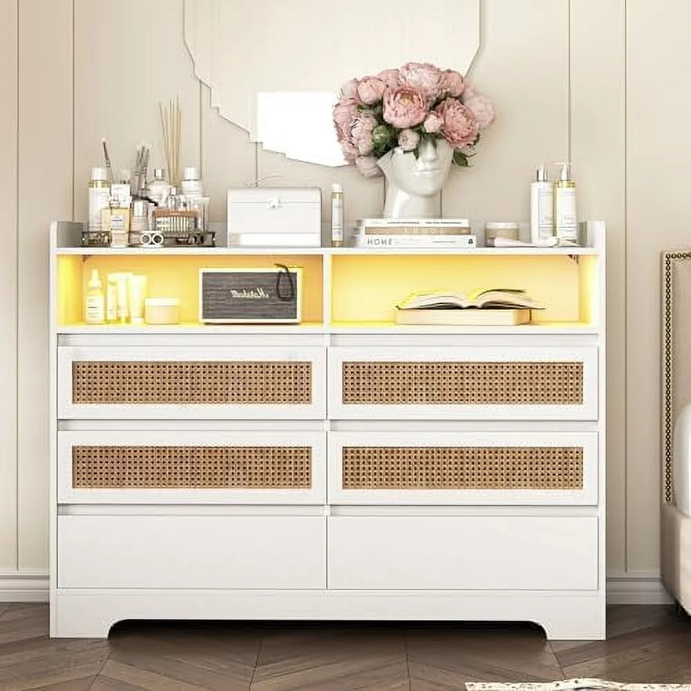 GVJMTKP Vibe & Dine White Dresser with Led Lights  Modern Chest of Drawers 100% Waterproof and Easy to Clean  FreeStanding 6 Drawer Dresser for Bedroom  Living Room  Entryway  Hallway