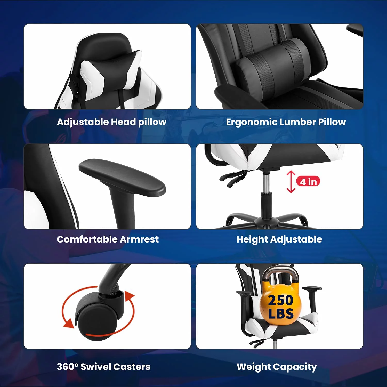 Gaming Chair Racing Desk Chair Ergonomic Office Chair Executive High Back PU Leather Computer Chair with Lumbar Support Task Rolling Swivel Chair for Men Teens Adults (Black)