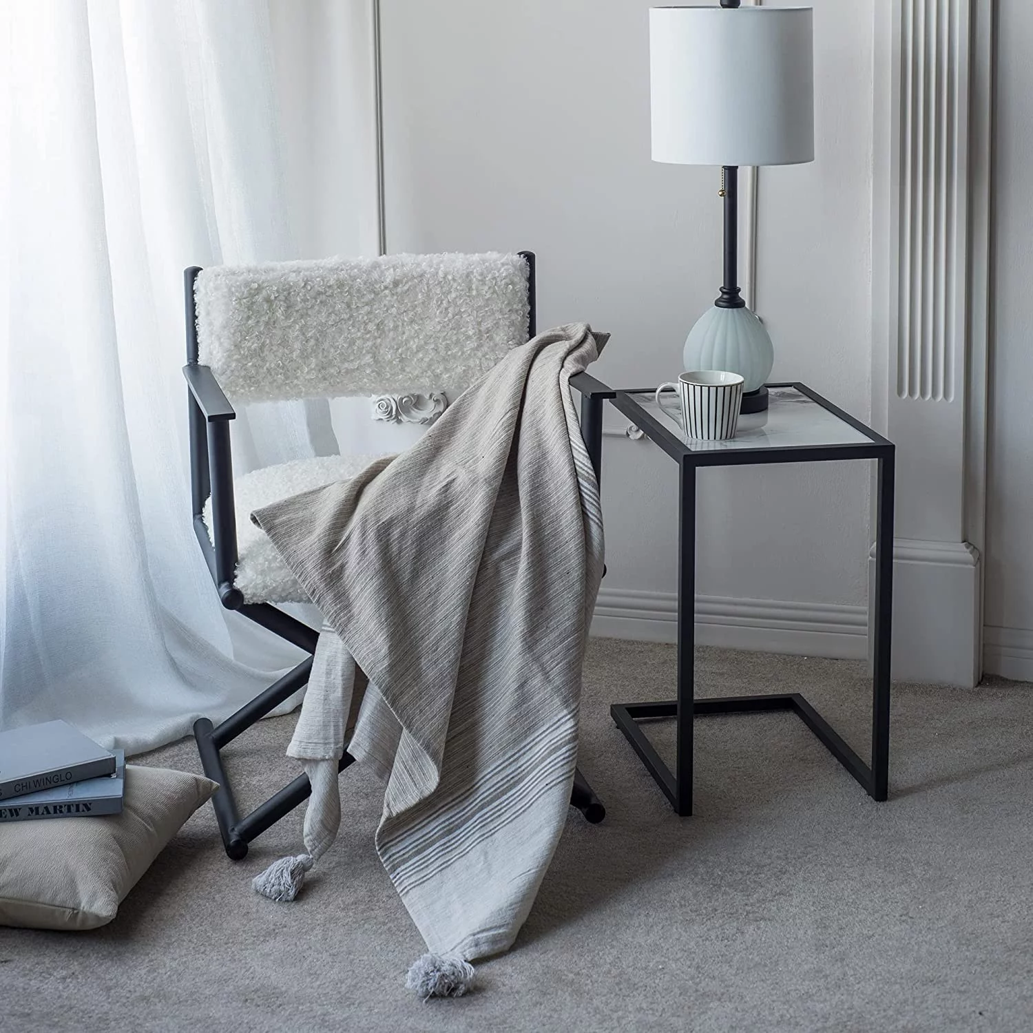 A&B Home Throw Blanket - Beige and White Stripe Woven Cotton Blend Blanket, 50