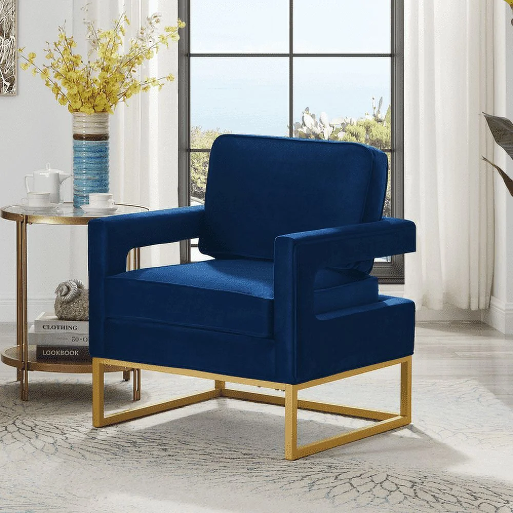JHOOTUUO Modern Style Accent Chair with Gold Metal Base   Velvet Upholstered Leisure Chair with Open Armrest  Armchair  Navy