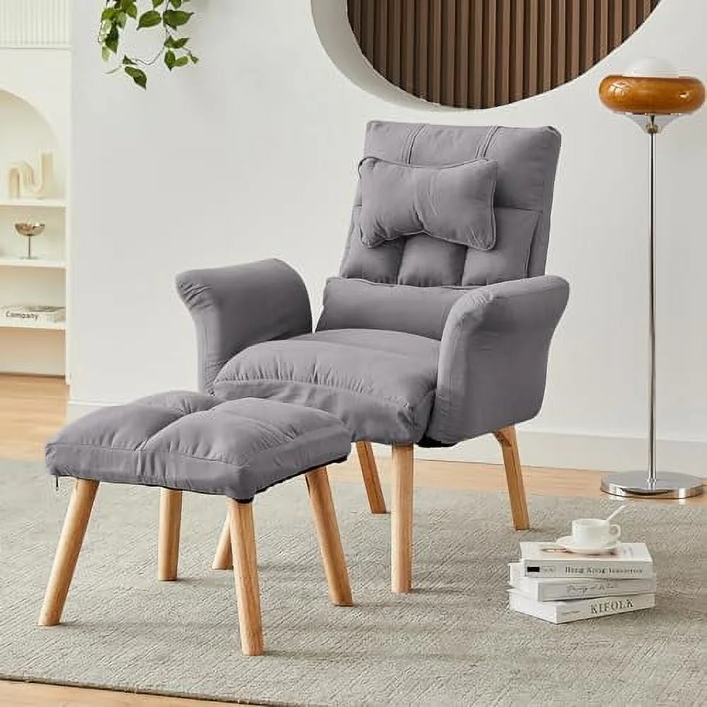 MQLIFEBOOM Modern Accent Chair with Ottoman  Linen Fabric Armchair with Adjustable Backrest (5 Angles)  Solid Wood Legs  Leisure Upholstered Comfy Reading Chair with Ottoman for Living Ro