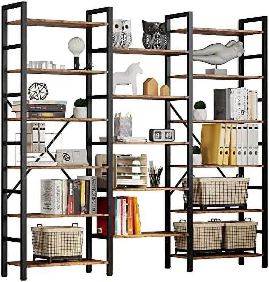 HOOMHIBIU and Bookshelves Triple Wide 5 Tiers Industrial Bookshelf  Large Etagere Bookshelf Open Display Shelves with Metal Frame