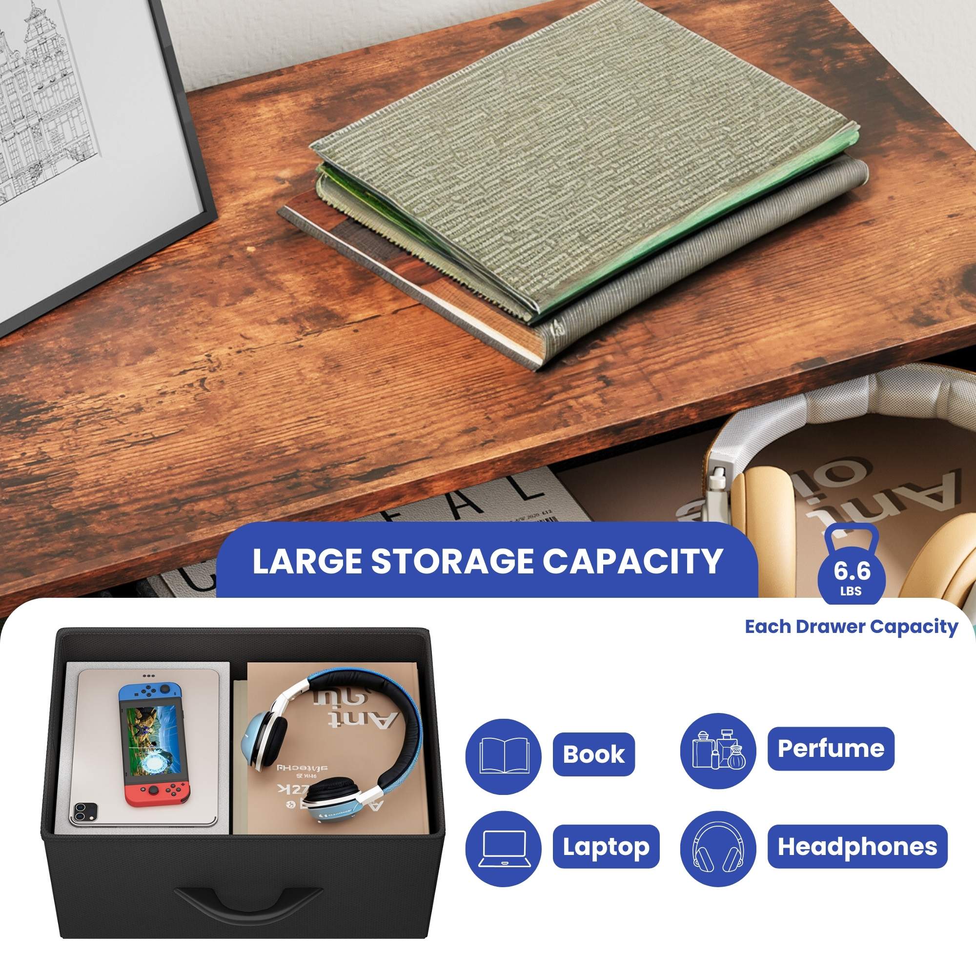 ModFusion 8-Drawers Fabric Dresser with Wooden Top for Bedroom, Living Room & Office – Black