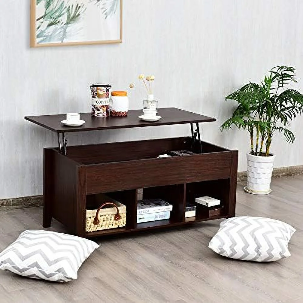 TQJKLFDY Lift Top  Space Coffee Table  Multi-Functional Modern Coffee Table with Height Adjustable Top & Hidden Compartment  & Three Open Shelves at Bottom (Brown)
