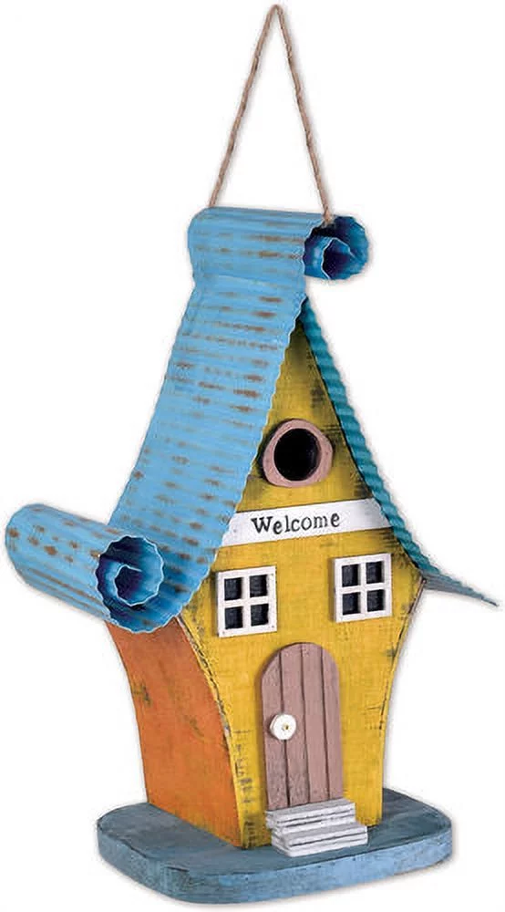 Rustic Yellow Blue Welcome Cottage 8.5 x 6 MDF Outdoor Decorative Birdhouse