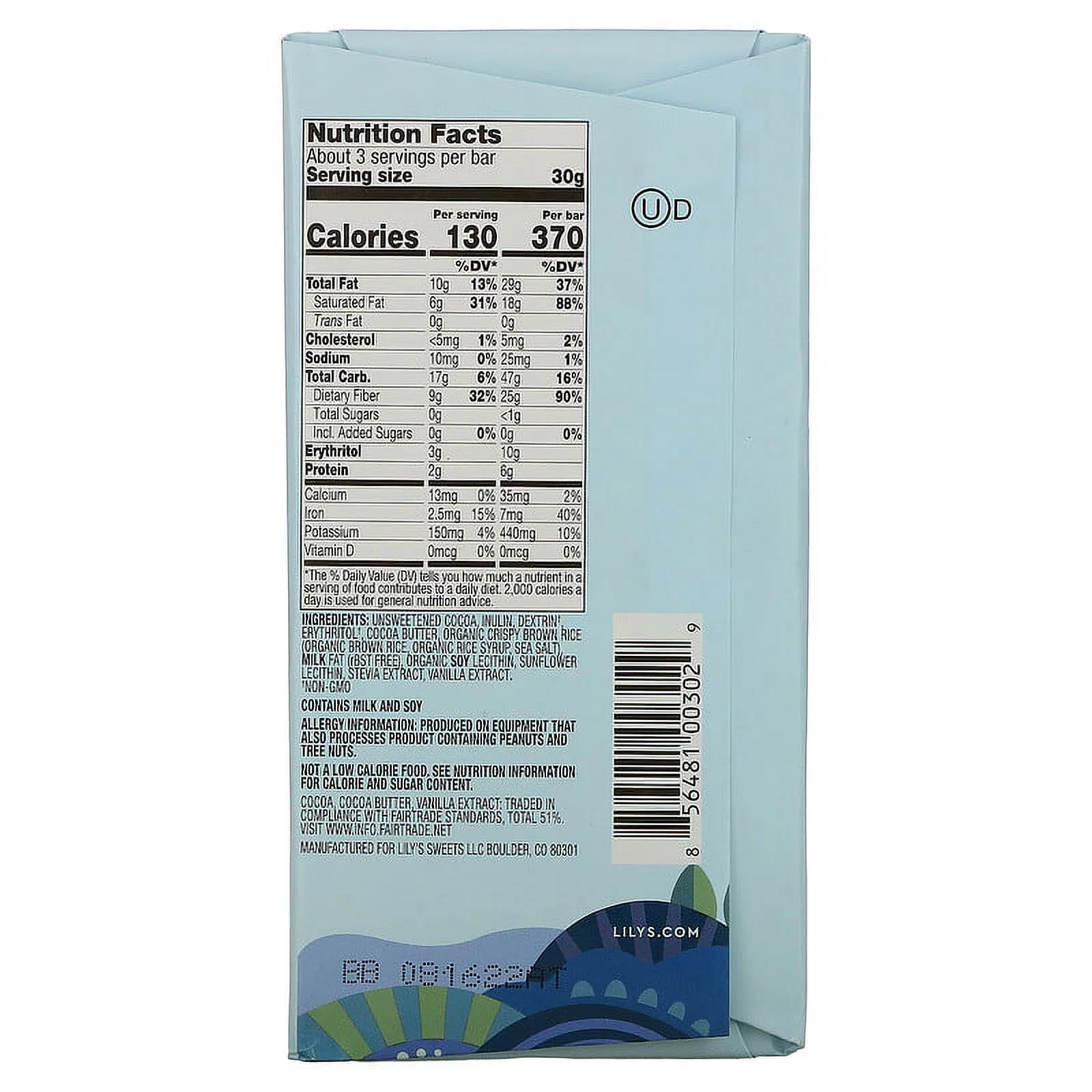 Lily's Sweets, Dark Chocolate Bar, Crispy Rice, 55% Cocoa, 3 oz Pack of 2