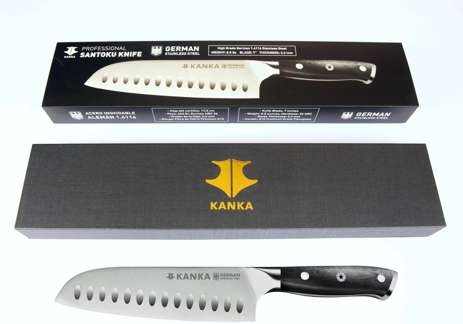 KANKA Santoku Knife - Ultra Sharp 7 inch German Stainless Steel, G10 Black Fiberglass Handle, Japanese Chefs Knife