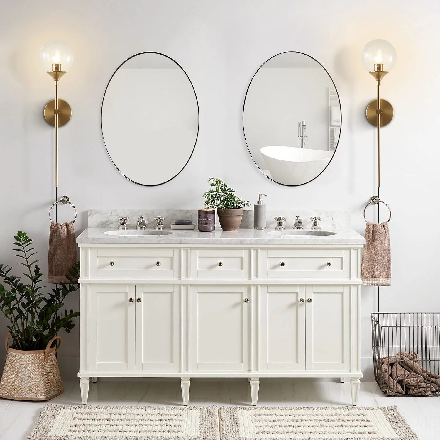 YANRUI Modern Long Globe Plug in Wall Sconce Lighting Set of 2 Mid Century Brass Gold Wall Sconce Light Plug in Set of Two Clear Glass Bathroom Bedroom Wall Lamp (Clear-Plug in)