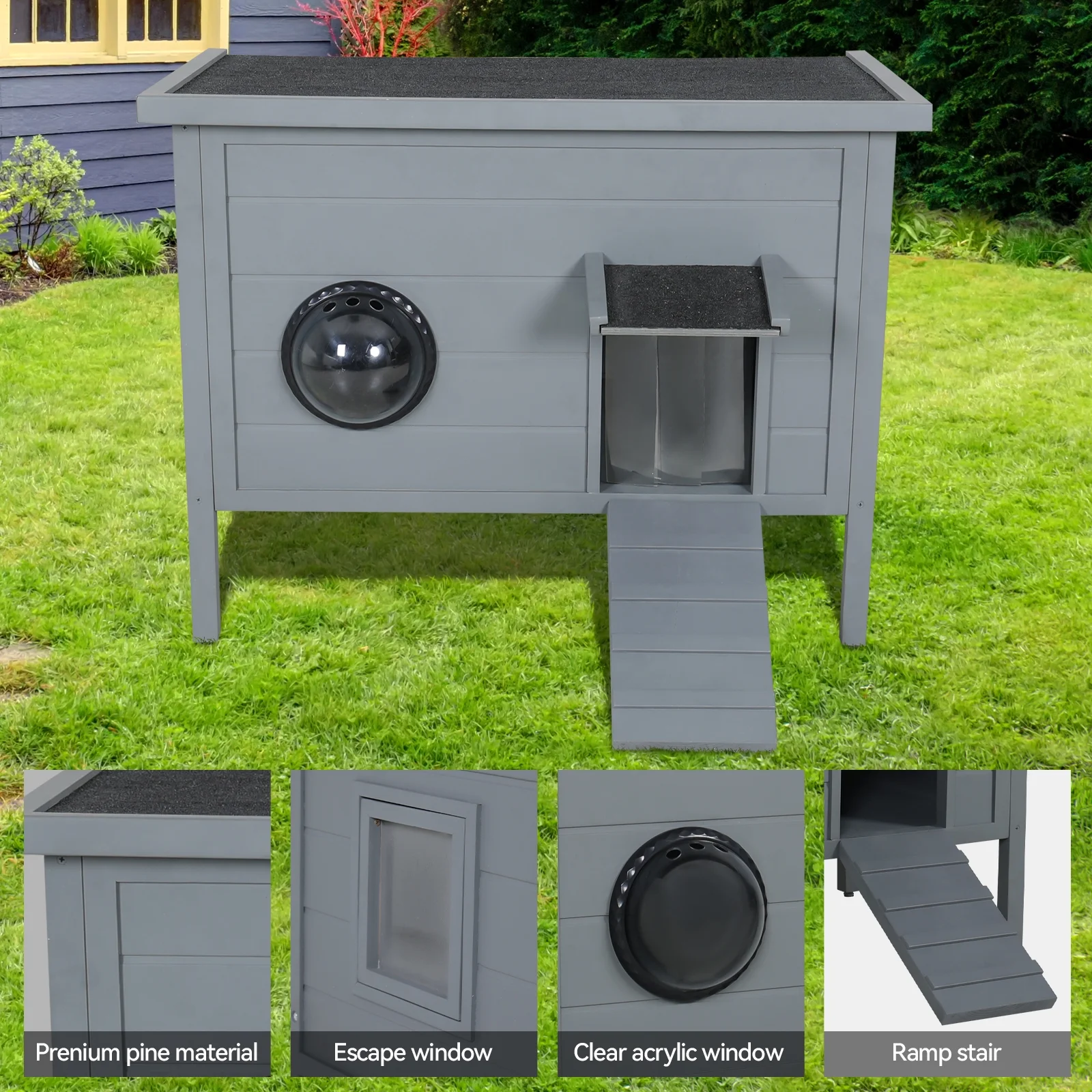 Kfvigoho  Outdoor Cat House with Insulation All-Round Foam Feral, Weatherproof Feral Cat Shelter with Escape Door & stepladder & Window, Wood Cat Enclosure for Multiple Cats, 34.6