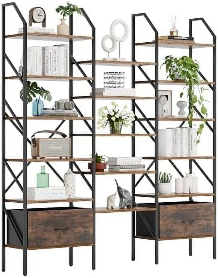 TQSBRZJ Triple 6 Tier Bookshelf with Drawers  Wide Bookcase with 17 Open Display  Shelves  Large Book  Book Case for Home & Office (Black  6 Tier)