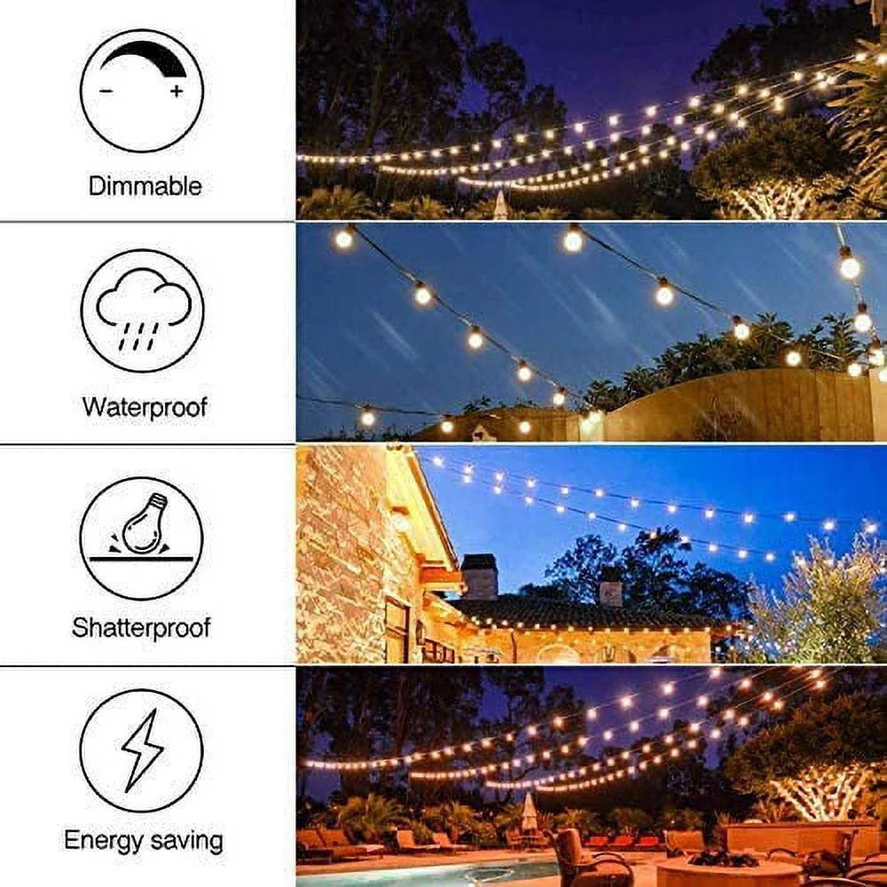 24FT Solar String Lights, LED Solar Cafe Patio Lights, Porch Market Light Waterproof & Shatterproof with Vintage Plastic Bulbs, Create Cafe Ambience On Your Garden