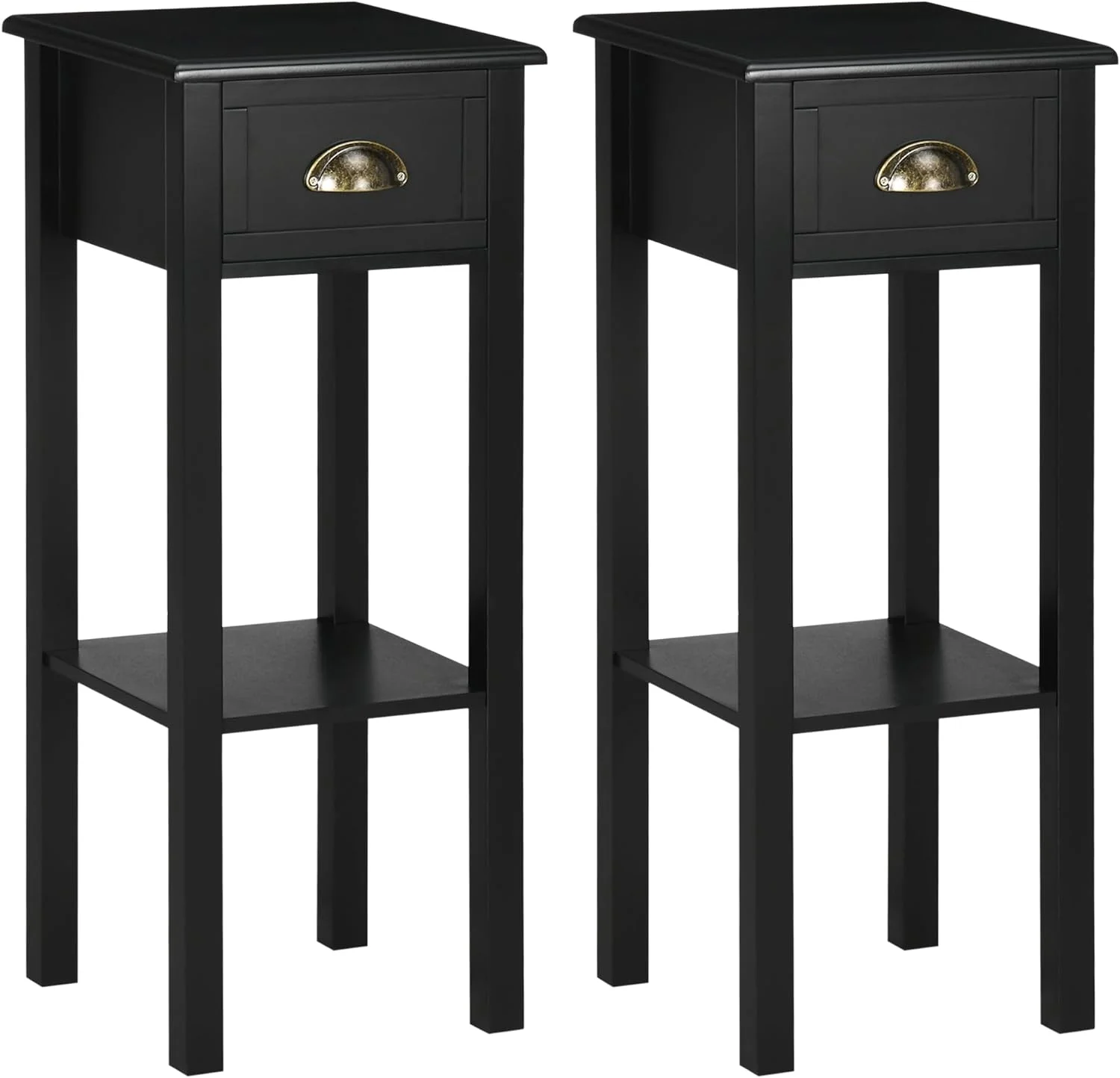 2-Tier Side Table with Drawer, Narrow End Table with Bottom Shelf, for Living Room or Bedroom, Set of 2, Black