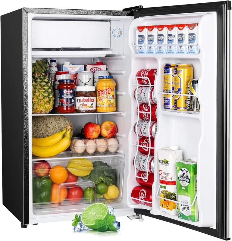 3.2 Cu.Ft Mini Fridge with Freezer, Single Door Mini Fridge, Adjustable Thermostat, Mini Refrigerator for Bedroom, Office, Dorm, Stainless Steel