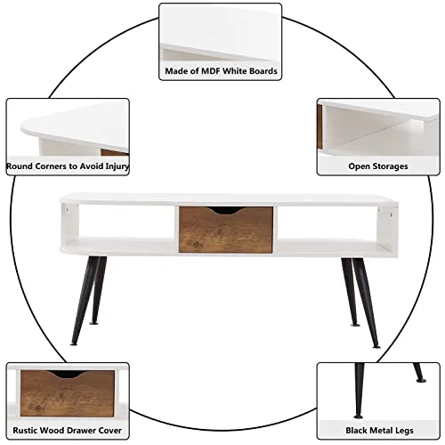 mikibama Wooden Coffee Table with Drawers and Open Storage Modern White Wood Center Coffee Tables for Living Room with Round Corners