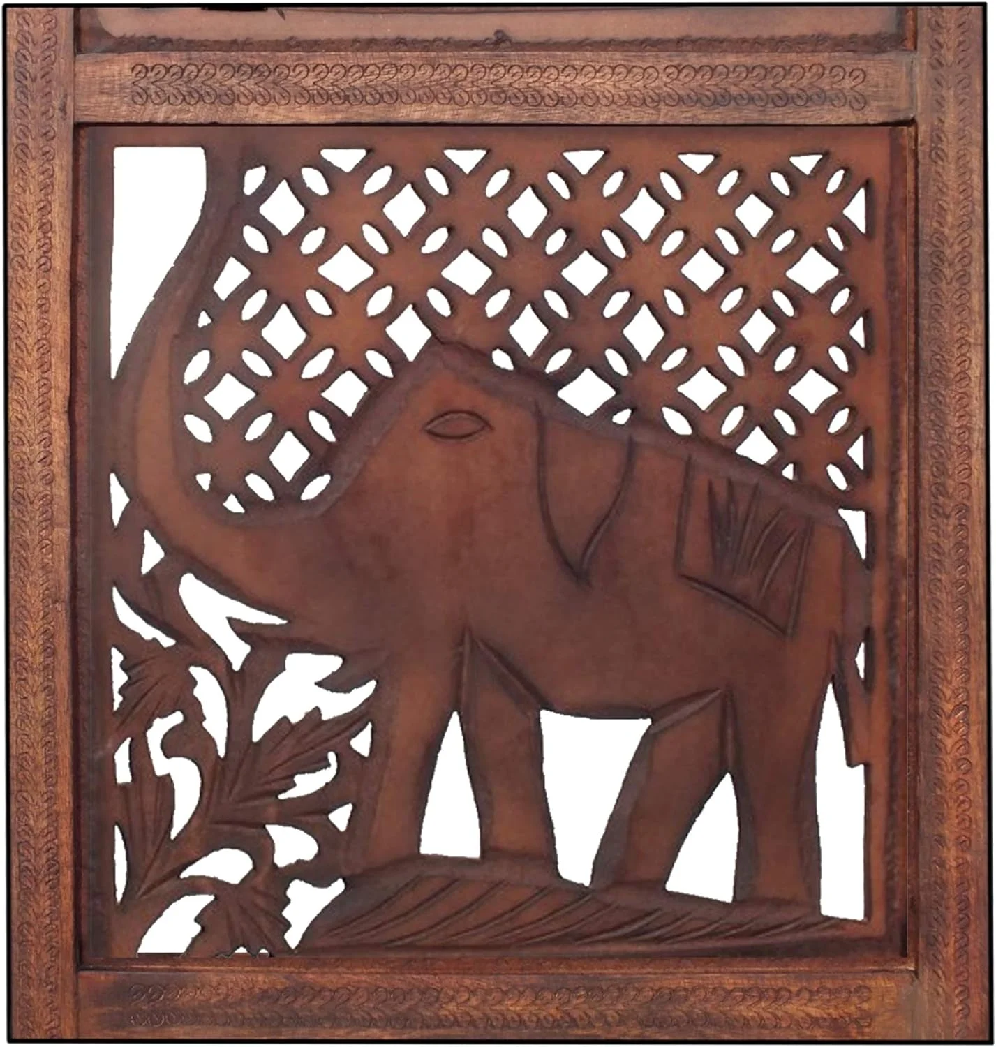 Benzara BM34823 Hand Carved Elephant Design Foldable 4-Panel Wooden Partition Screen/Room Divider, Brown