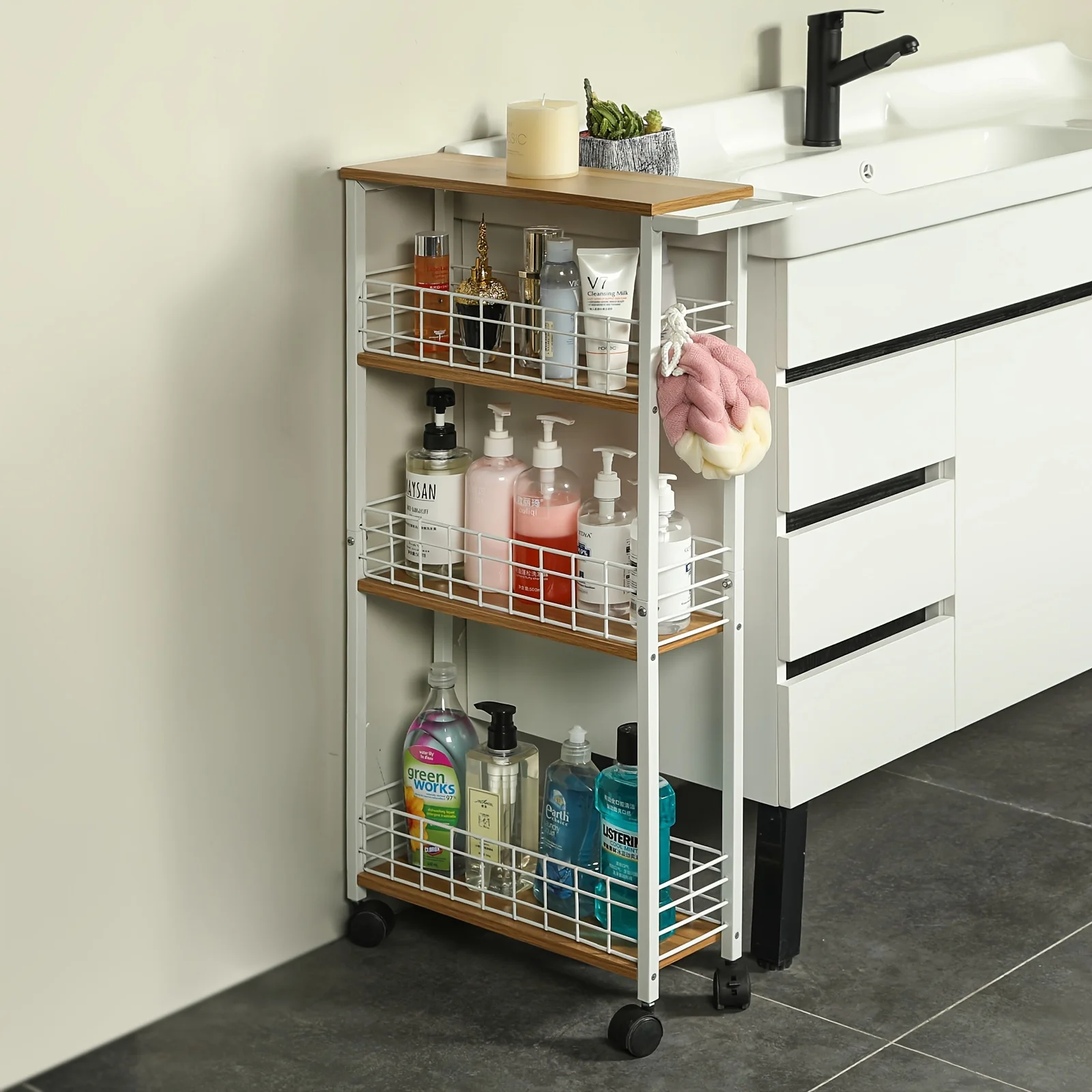 1pc 4 Tier Slim Storage Cart For Small Spaces, Mobile Rolling Cart With Wheels, Slide Out Storage Utility Shelves With Wooden For Bathroom, White
