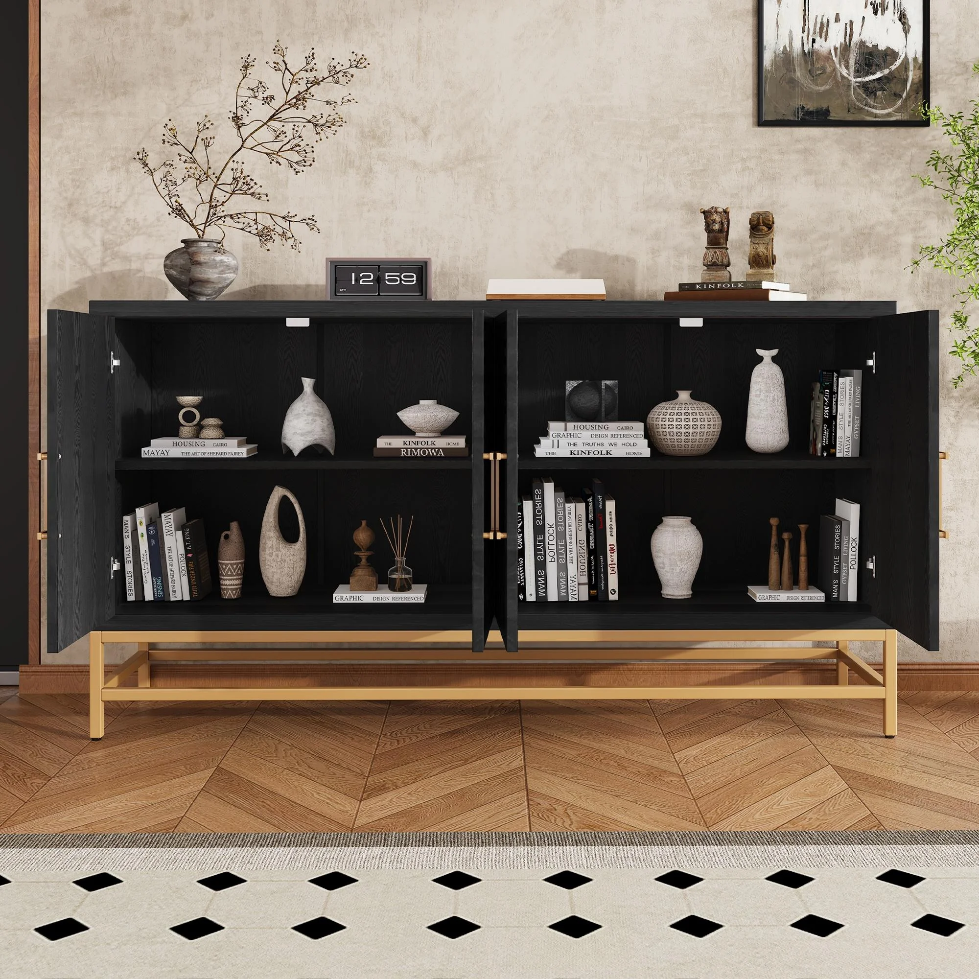 Atumon 4-Door Accent Cabinet with Metal Legs, Retro Storage Cabinet with Adjustable Shelves, Accent Cabinet Furniture, Wood Storage Cabinet for Living Room Entryway Dining Room, Black