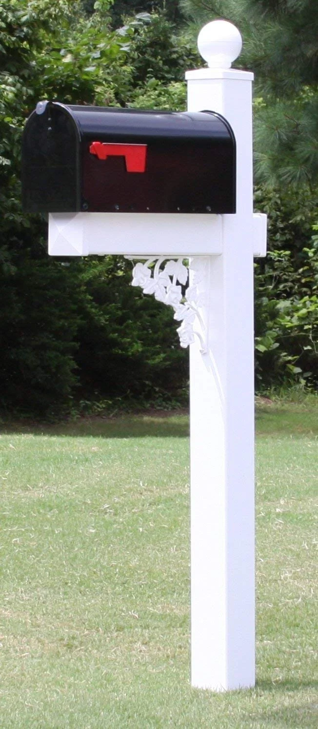The Roosevelt Mailbox System with White Vinyl Post Combo, Stand, and Black Mailbox Included