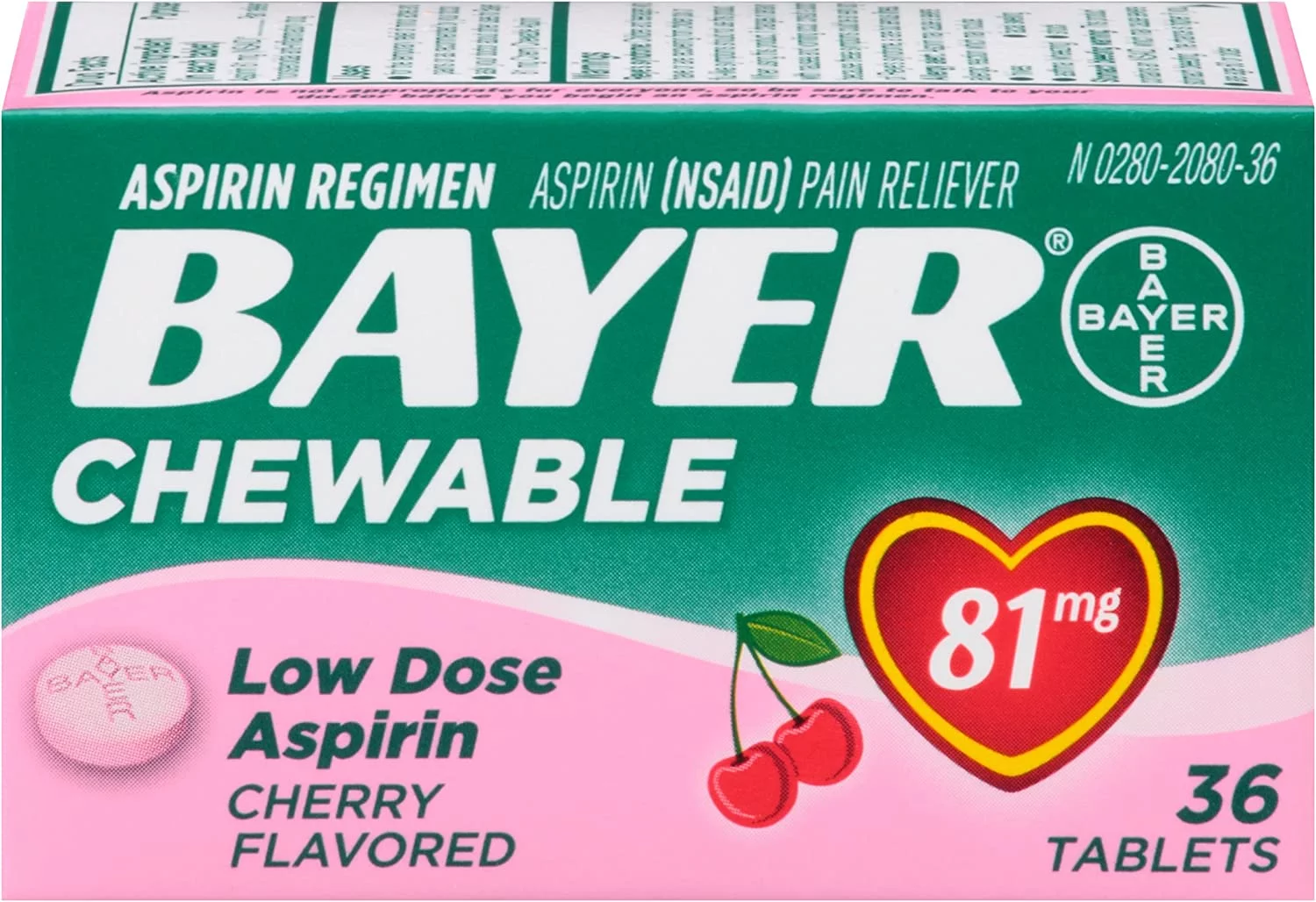 Bayer Chewable Low Dose Baby Aspirin Cherry Tablets 81 mg, 36 Count, 2 Pack