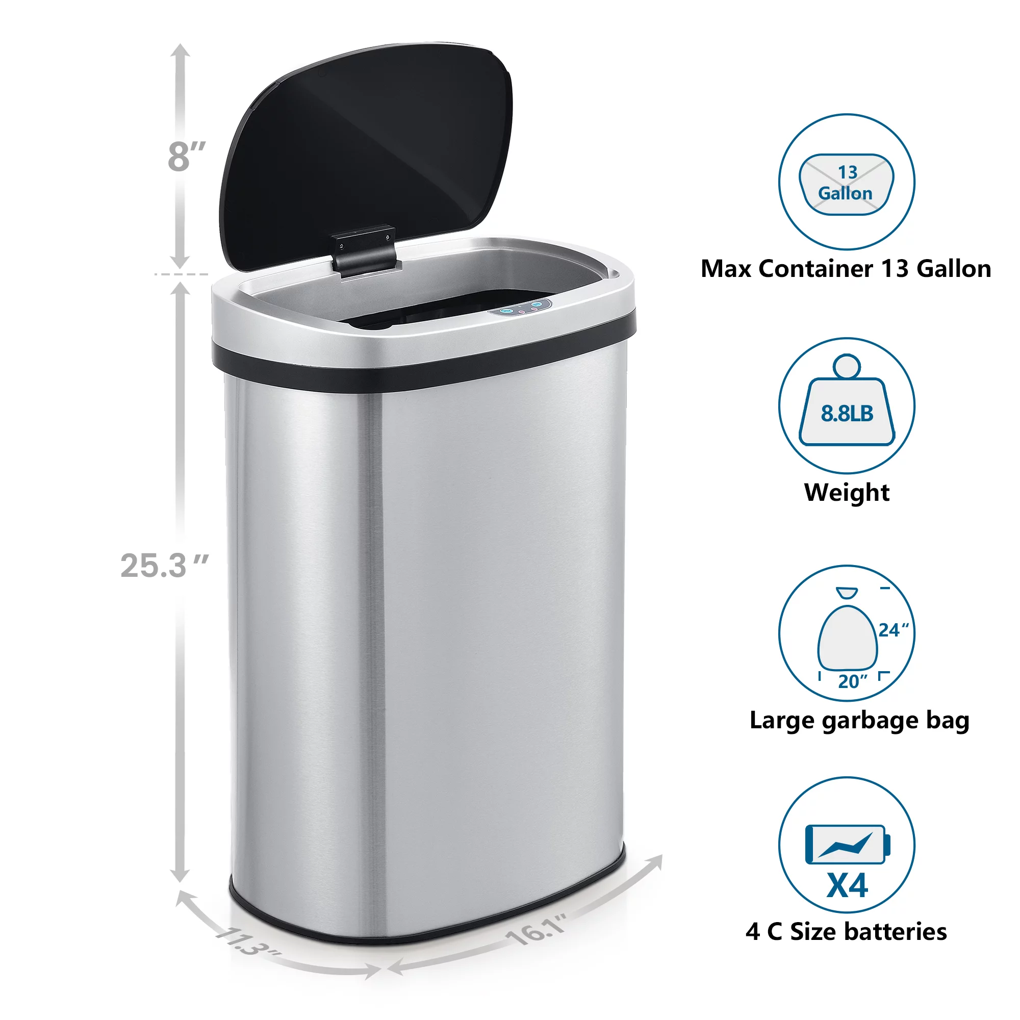 Innovaze 13.2 Gallon Motion Sensor Trash Can,  Stainless Steel Oval Kitchen Garbage Can with Black Lid