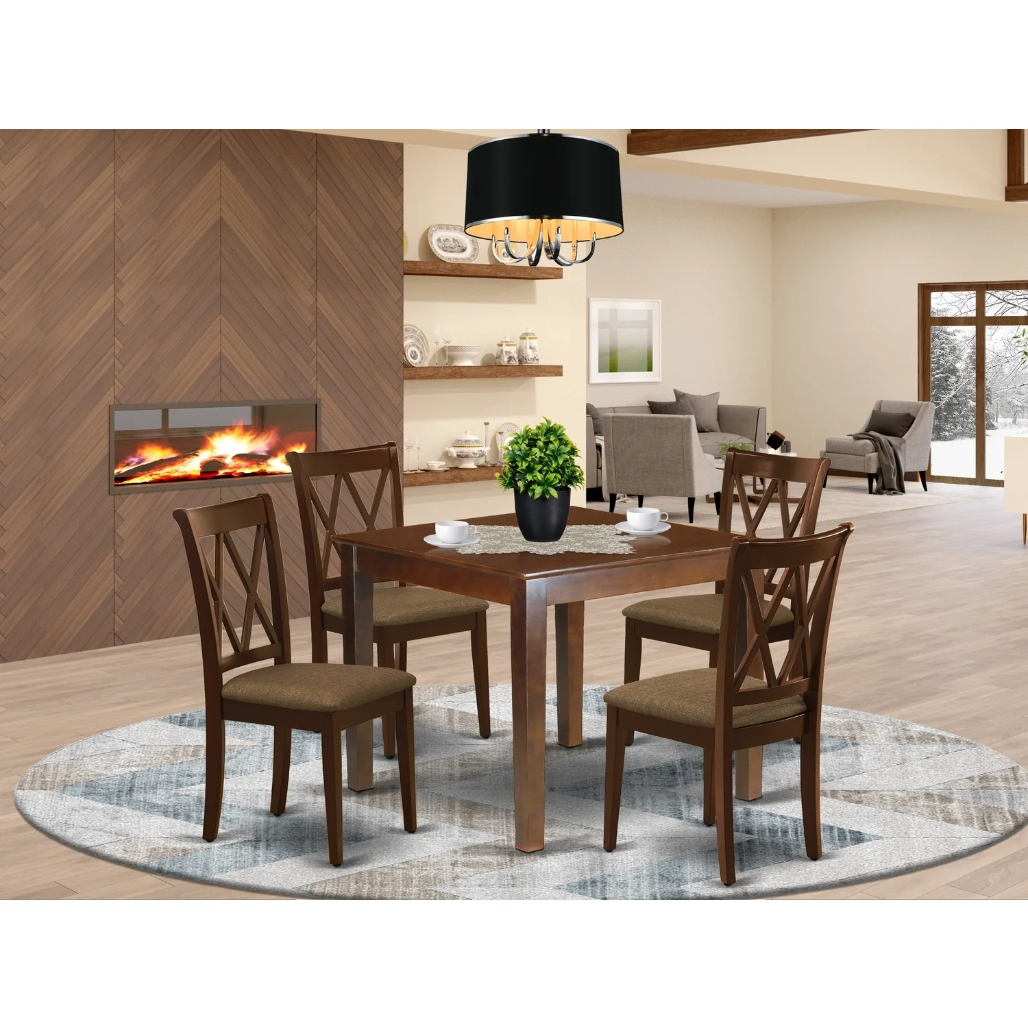 HomeStock Eclectic Elegance 5Pc Dining Set Includes A Square Dinette Table And Four Double X Back Linen Seat Kitchen Chairs, Mahogany Finish