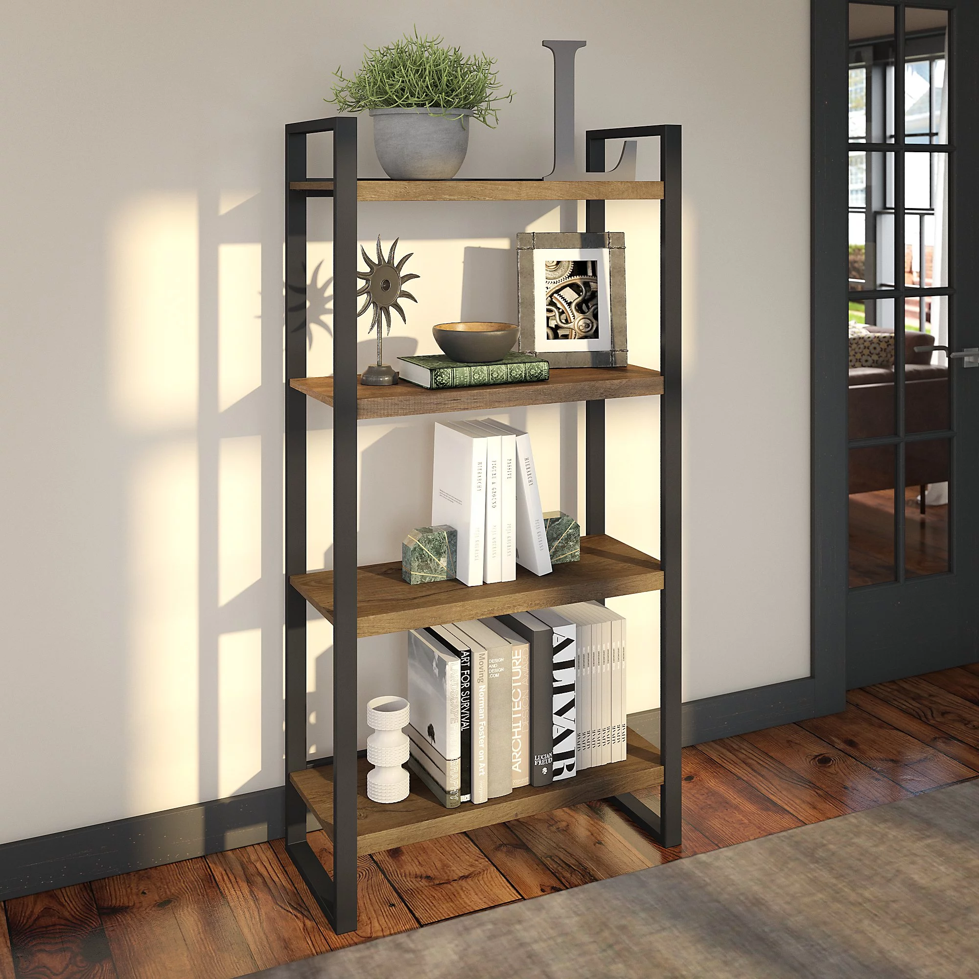 Bush Furniture Latitude 4 Shelf Etagere Bookcase in Brown Embossed
