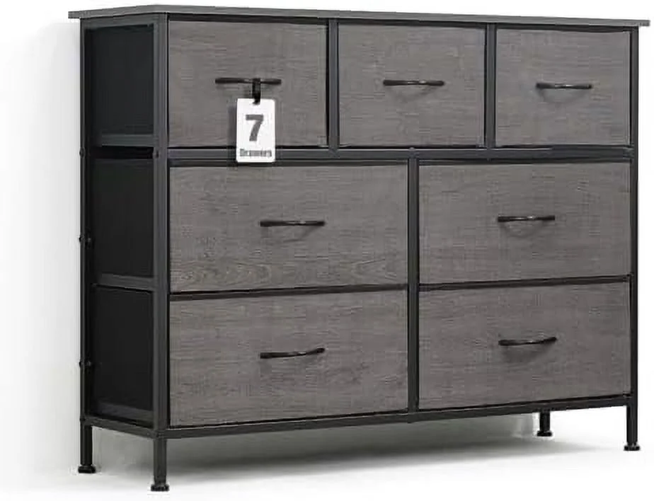 CDHJKKB Drawer  Tower w/ 7 Fabric Bins  Laundry   Sorting Unit  Chest of Drawers  Organizer w/ P2 Board Top & Fabric Bins  Organizer Unit for Multi-purpose  Hallway  Office  Grey Oak