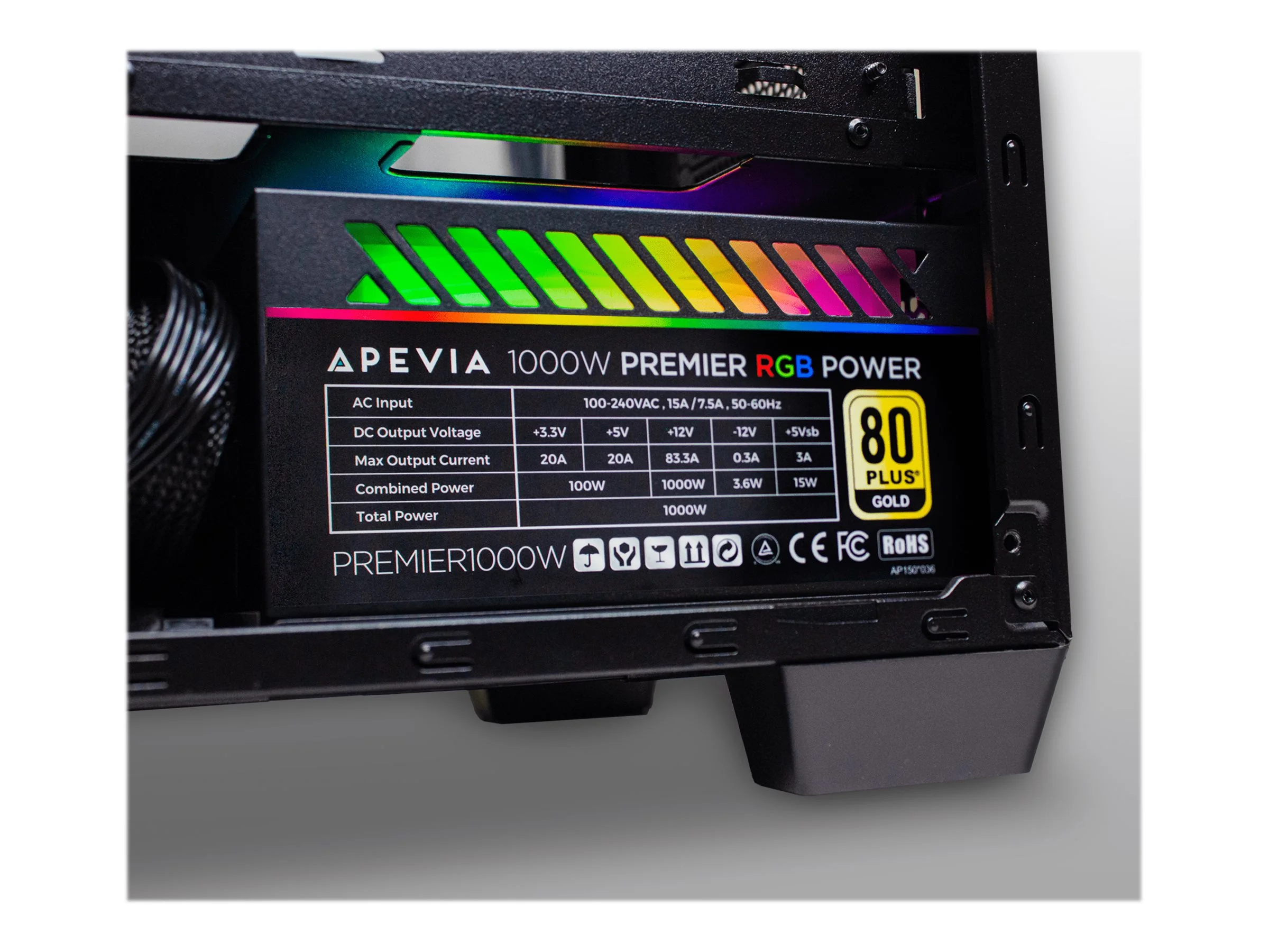 Apevia Premier ATX-PM1000W PCIE5.0 - Power supply (internal) - ATX12V 2.3 - 80 PLUS Gold - AC 115-230 V - 1000 Watt - black sand blasted