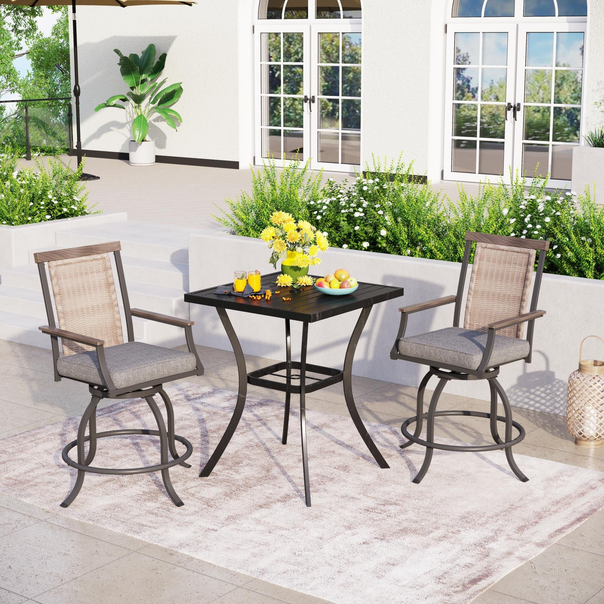 Modern Metal Patio Bar Set with Cushioned Swivel Stools 3-piece - Grey
