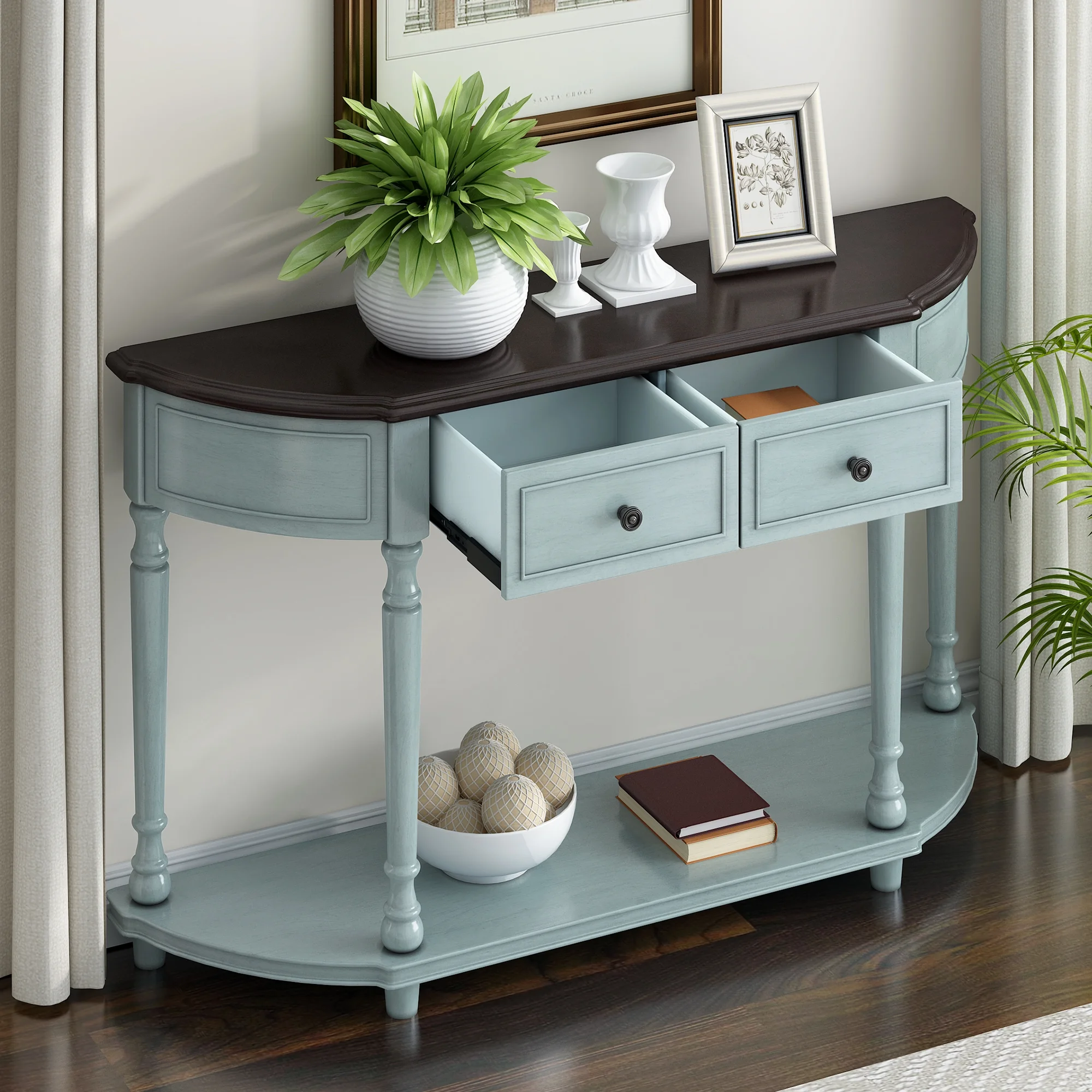 Retro Circular Curved Design Console Table with Open Style Shelf Solid Wooden Frame and Legs Two Top Drawers (Cherry + Antique Blue, OLD SKU: WF298768AAC)