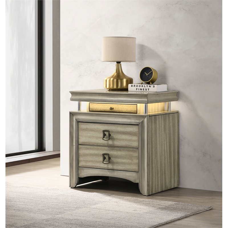 Pemberly Row 3-drawer Wood Nightstand Bedside Table with LED Rustic Beige