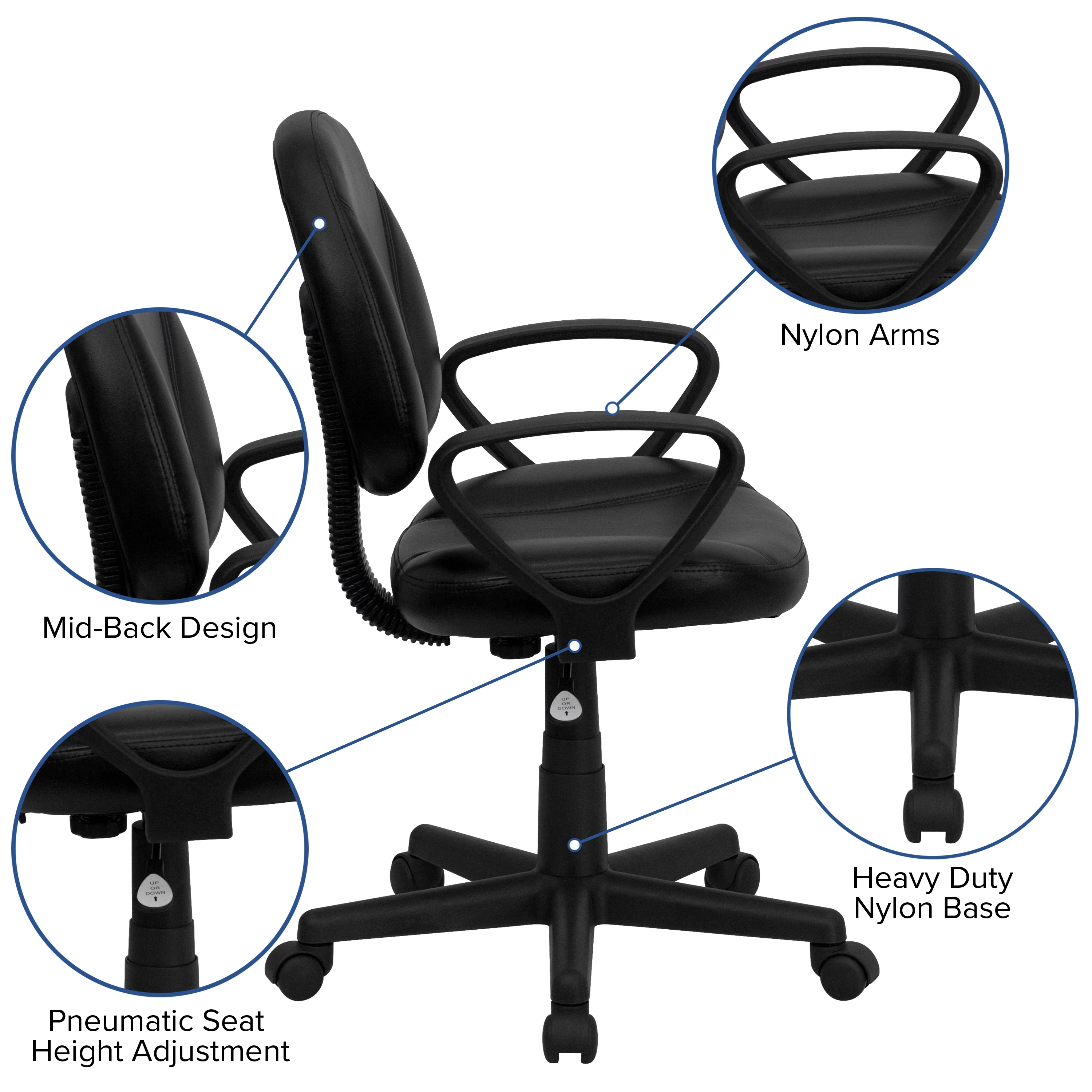 Emma + Oliver Mid-Back Black LeatherSoft Swivel Ergonomic Office Chair - Back Adjustment