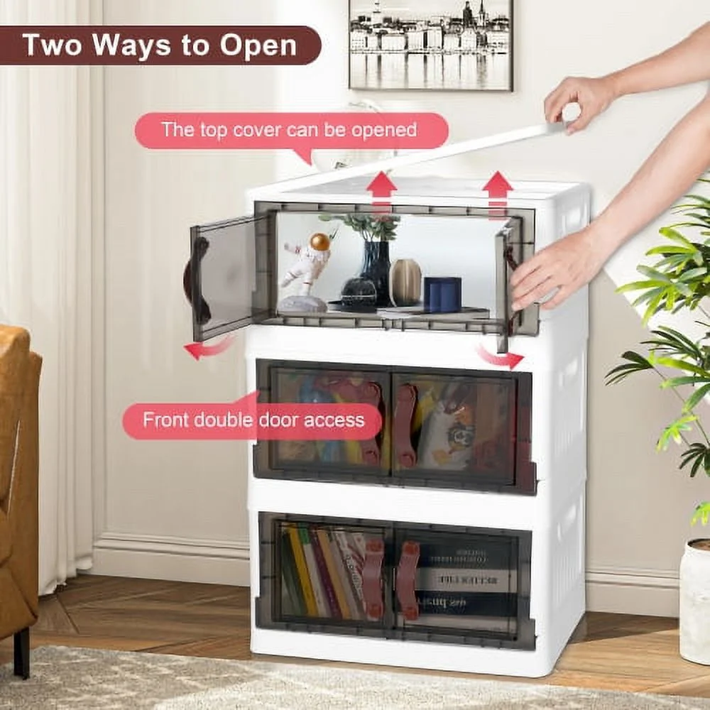 3 Tier Storage Cabinet Plastic Bins with Lids, 120 Qt (30 Gal) 3 Pack Stackable Beige Wardrobe Closet Chest Organizer, Foldable Plastic Storage Container with Door