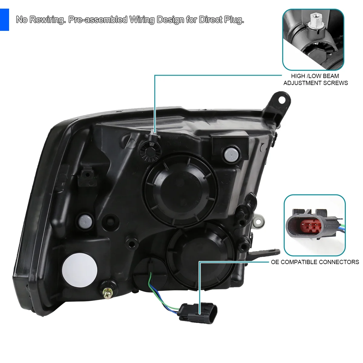 Spec-D Tuning Euro Chrome Clear Headlights Compatible with 2009-2018 Dodge Ram 1500, 2010-2018 Dodge Ram 2500 3500, L+R Pair Head Light Lamp Assembly