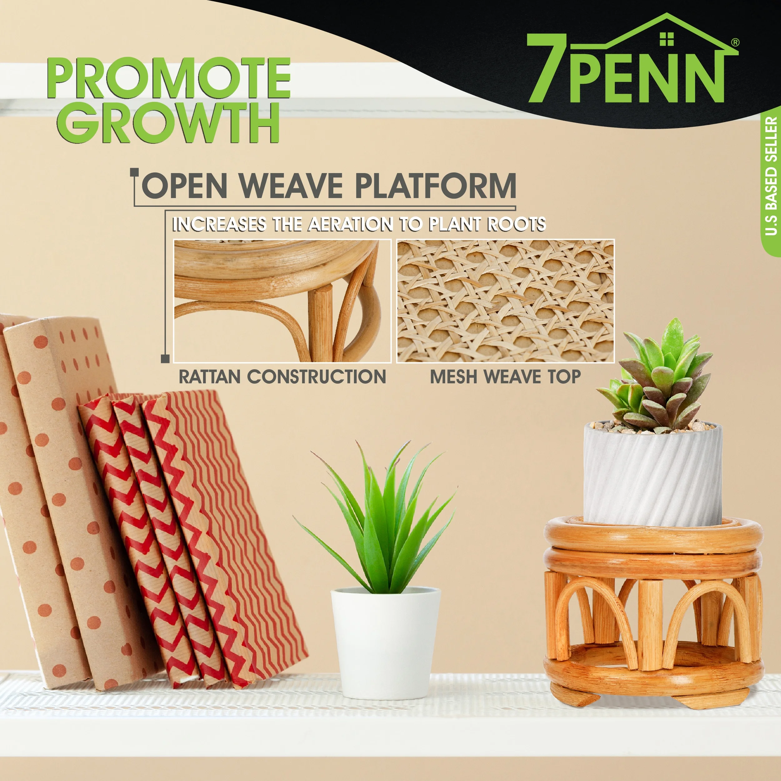 7Penn Boho Plant Stand 3 Piece Set - Multilevel Wicker and Rattan Planter Risers