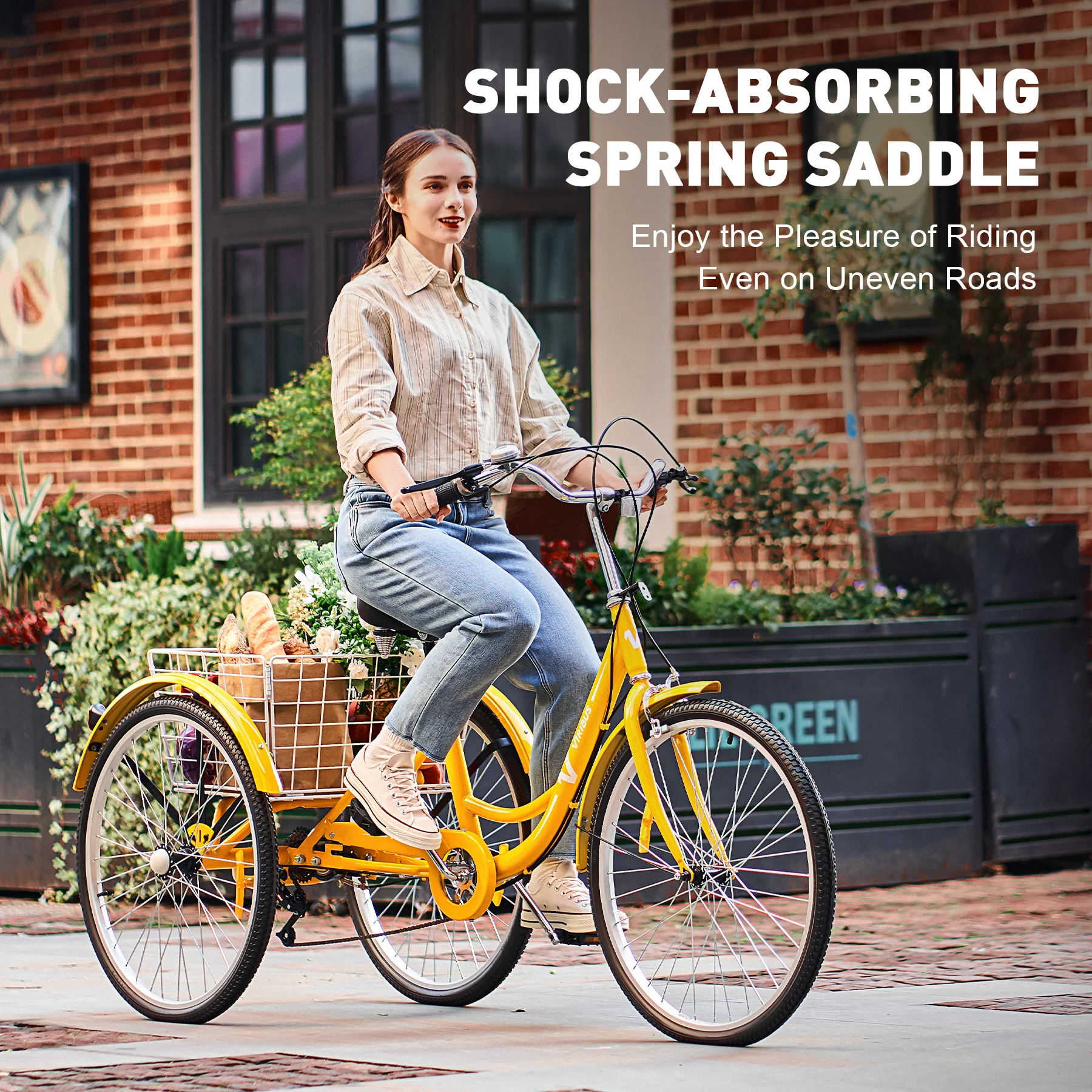 VIRIBUS 26 Inch Adult Tricycle 7 Speed 3 Wheel Cruiser Bike Trike w Rear Basket, Yellow