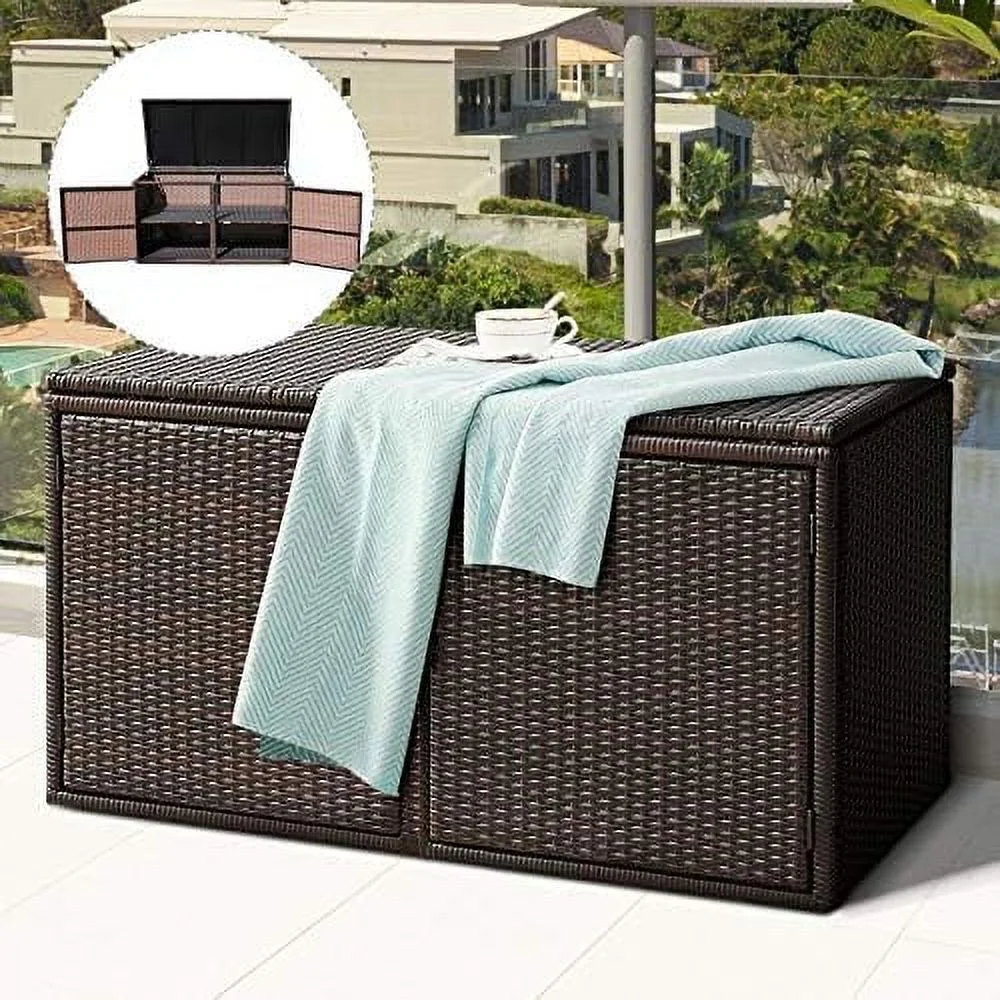 JYHOME Outdoor Wicker  Box  Garden Deck Bin with Steel Frame  Rattan Pool  Box with Lid  Ideal for Storing Tools  Accessories and Toys  88 Gallon Capacity (Black)