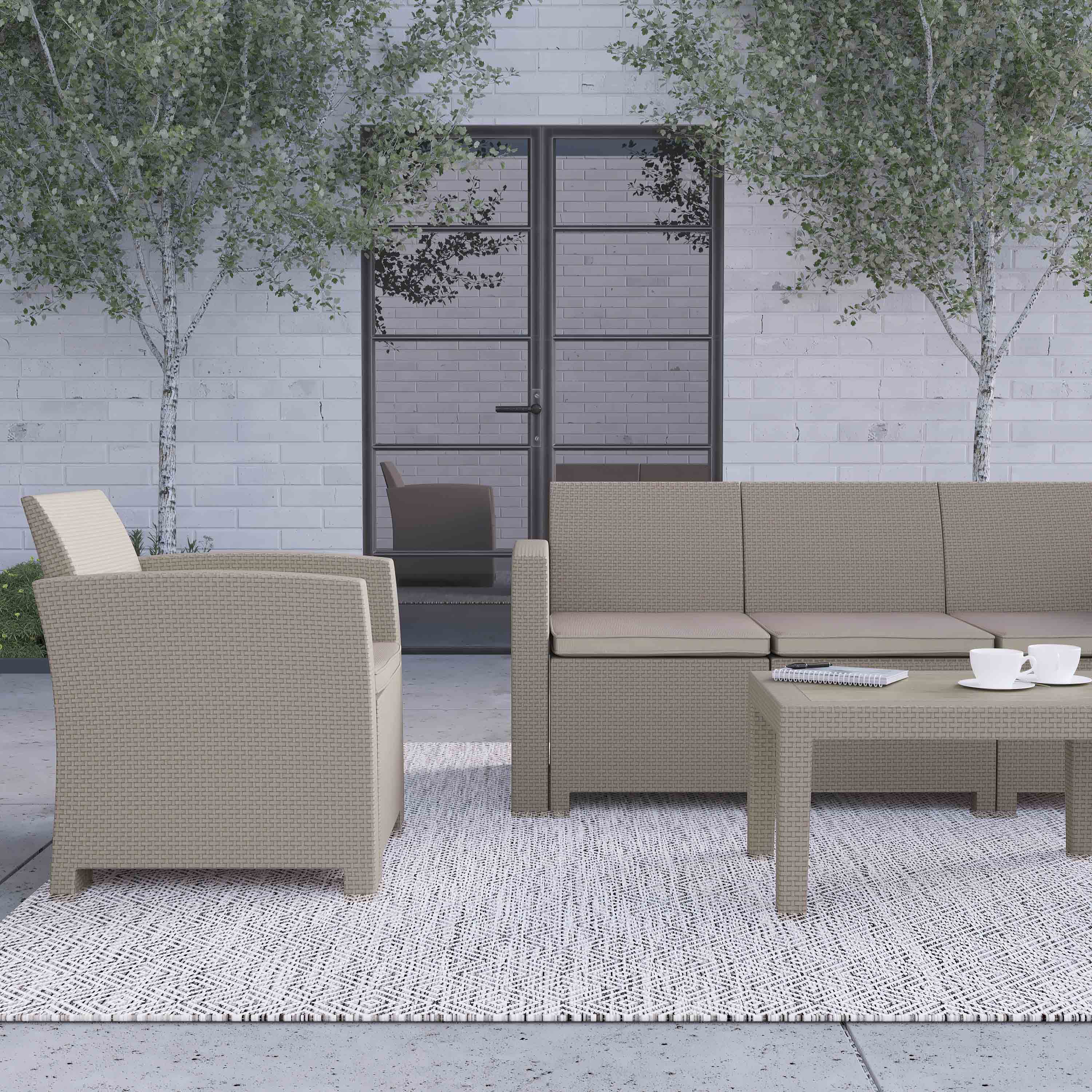 Merrick Lane 4 Piece Light Gray Faux Rattan Patio Furniture Set with 2 Chairs and Sofa with Removable Light Gray Cushions and Table