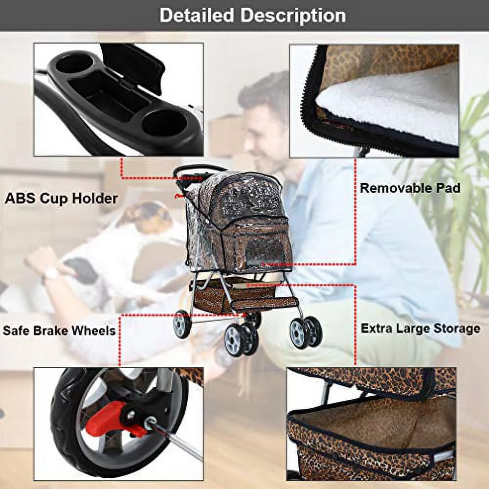 Leopard Print Dog Stroller with RainCover