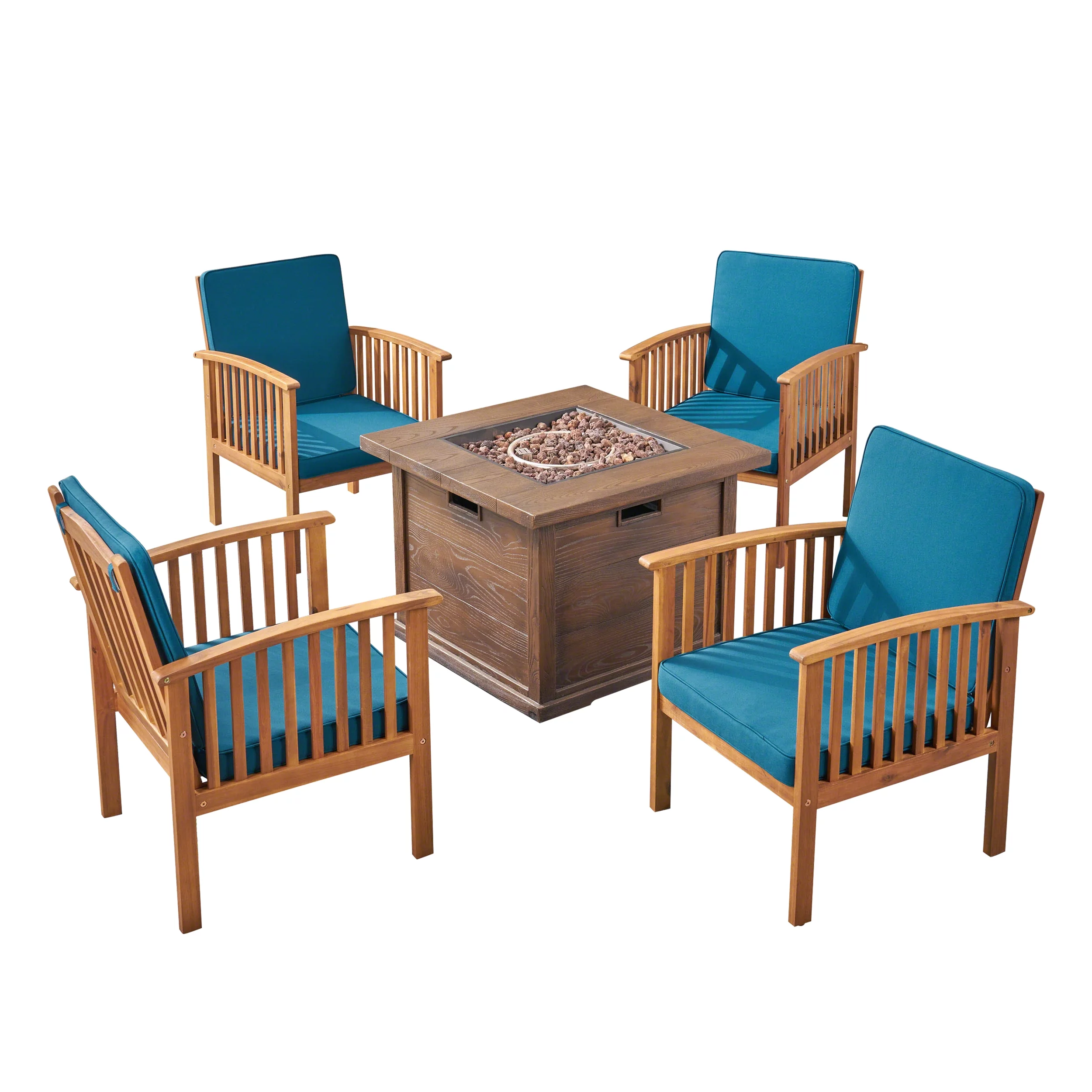 Carol Outdoor 4-Seater Acacia Wood Club Chairs with Firepit, Brown Patina and Dark Teal