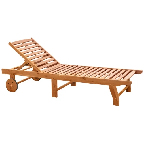Buumin Outsunny Outdoor Folding Chaise Lounge Chair Recliner with Wheels, Acacia Wood Frame - Teak Color