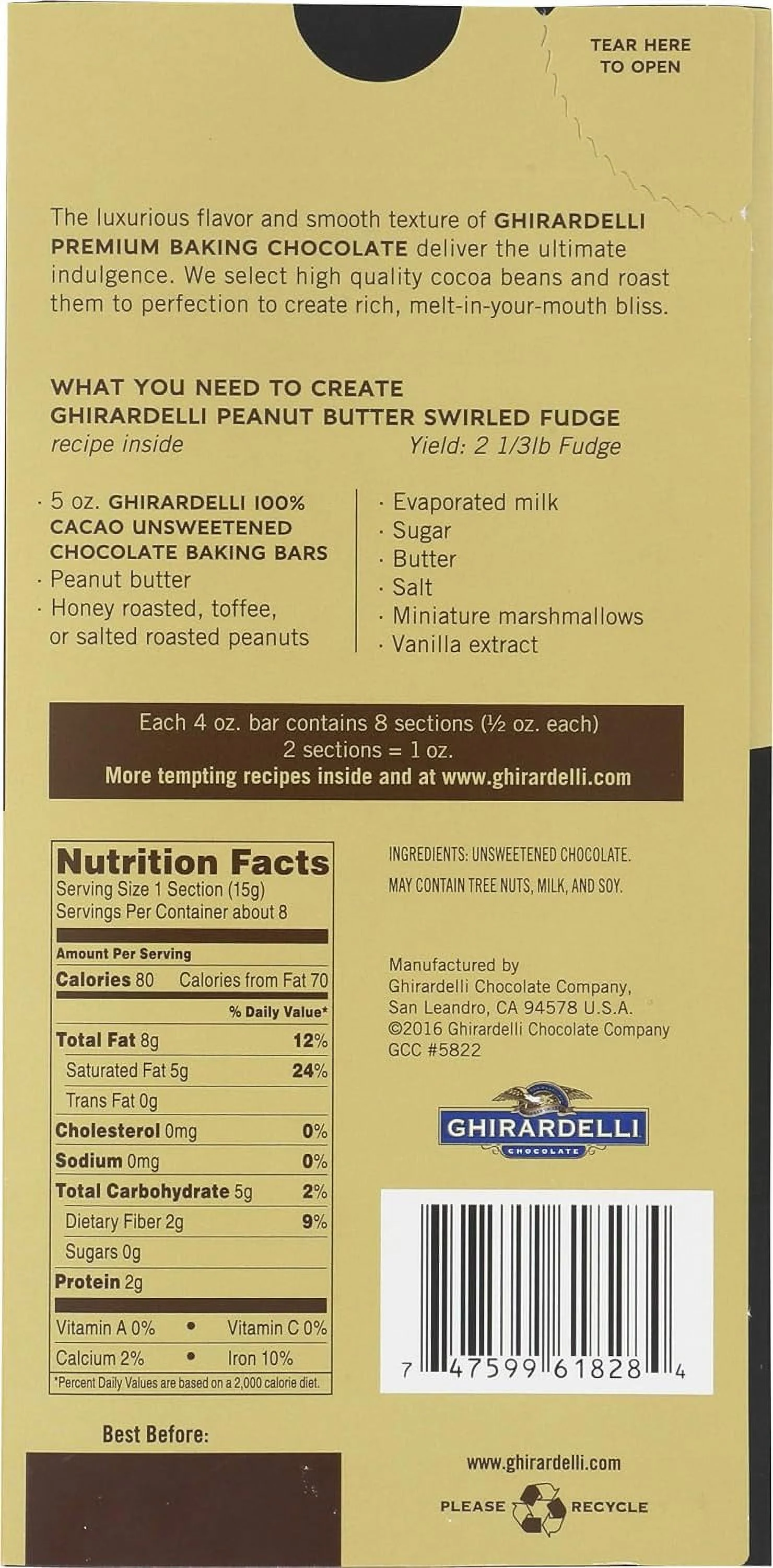 GHIRARDELLI Premium 100% Cacao Unsweetened Chocolate Baking Bar, 4 OZ Bar (Pack Of 6)
