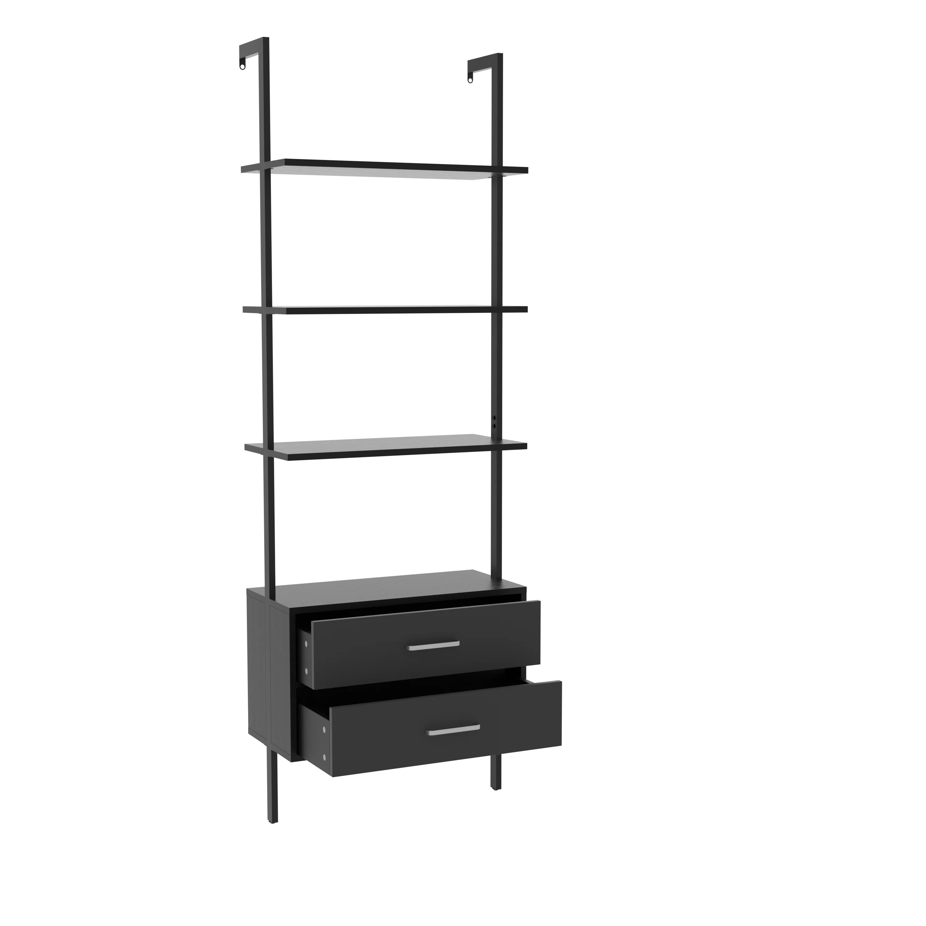 Williamspace Wall-mounted 4-Tier Ladder Bookshelf with 2 Drawers,Open Storage Shelves Bookcase for Office Living Room,Dark Grey