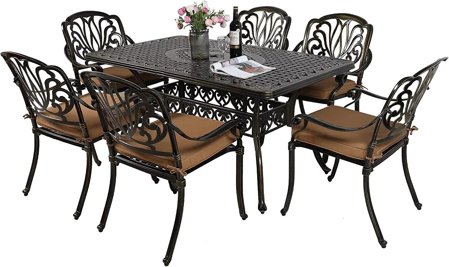 VIVIJASON 7-Piece Outdoor Furniture Dining Set, All-Weather Cast Aluminum Patio Conversation Set, Include 6 Cushioned Chairs and a Rectangle Table with Umbrella Hole for Balcony Lawn Garden Backyard