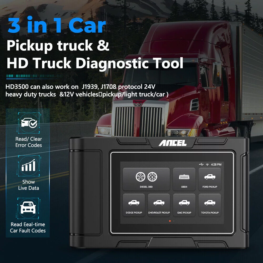 ANCEL HD3500 All System Bidirectional Pickup Light Duty Truck 2 in 1 OBD2 Scanner Diesel Scanner 12V/24V Diagnostic Tool