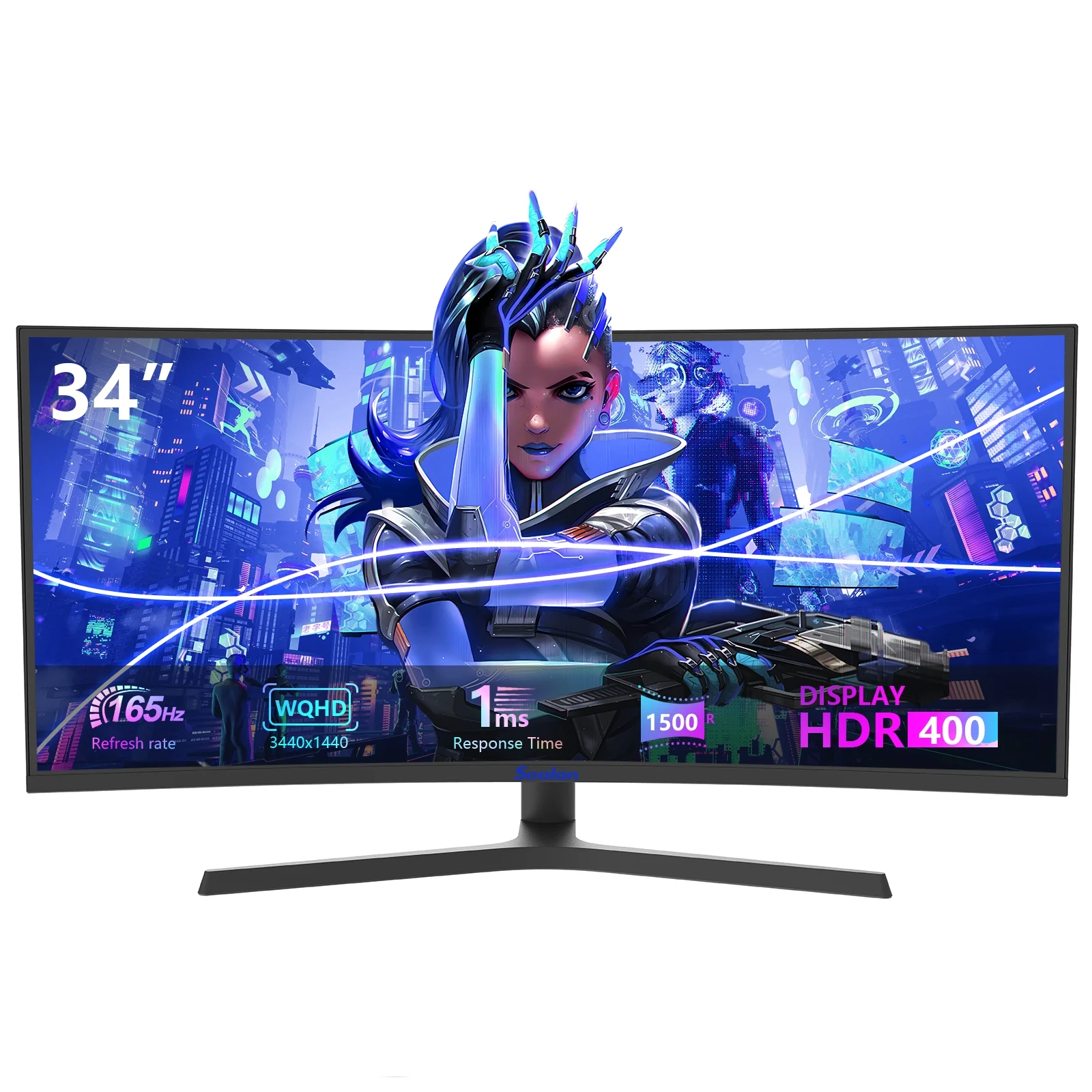 Sealan 34 inch Curved Ultrawide Gaming Monitor 165Hz UWQHD 3440x1440 FreeSync HDMI DisplayPort 1500R PC Screen - Ideal for Gaming