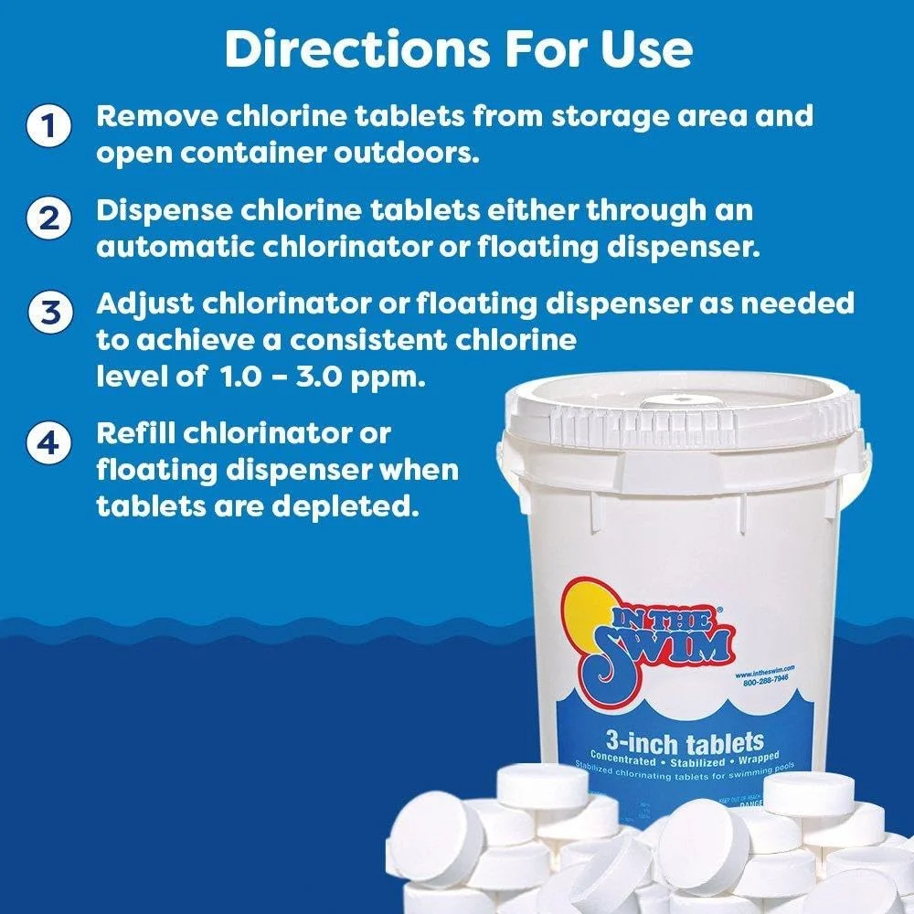 3 Inch Stabilized Chlorine Tablets for Sanitizing Swimming Pools - Individually Wrapped, Slow Dissolving - 90% Available Chlorine - Tri-Chlor - 25 Pounds