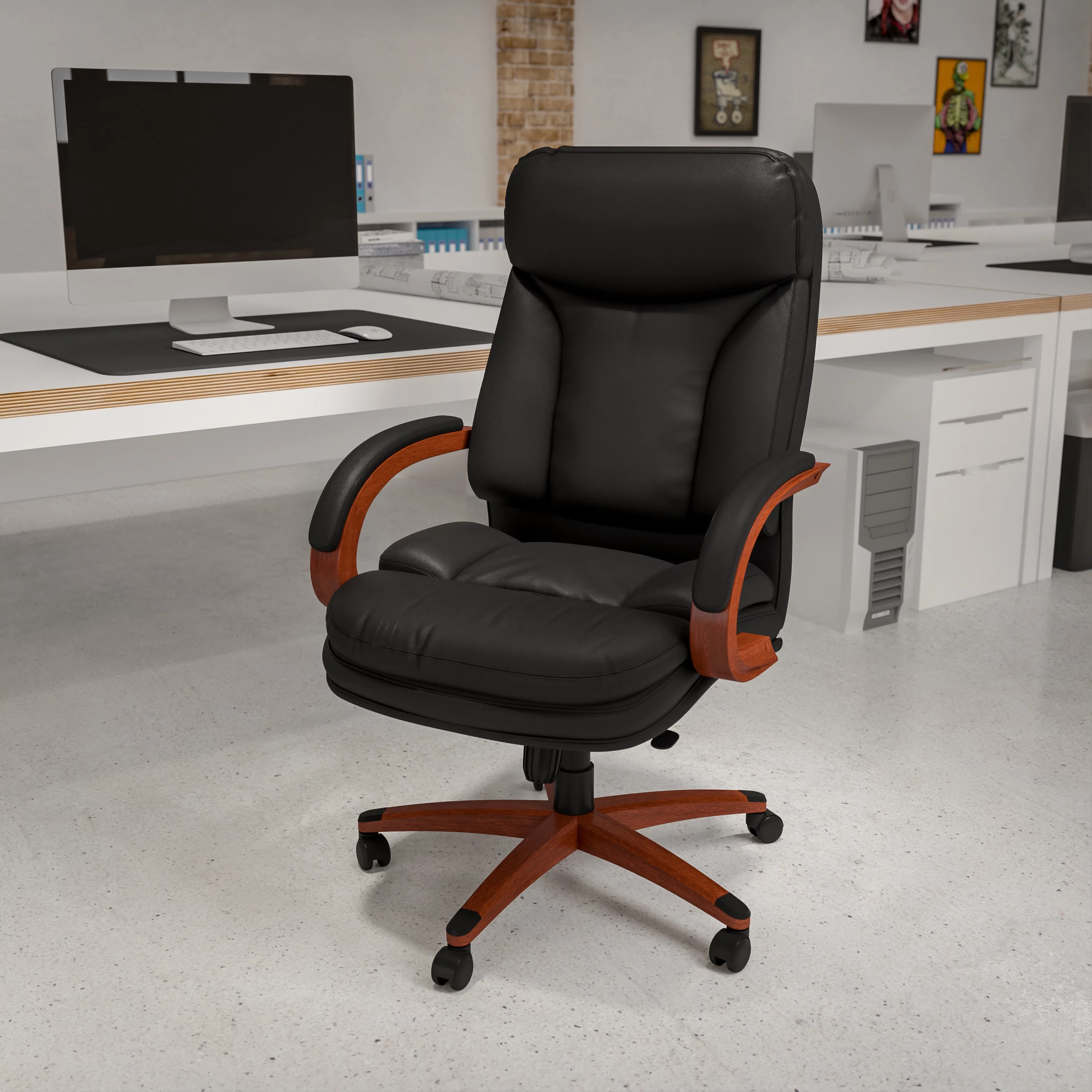 Emma + Oliver High Back Black LeatherSoft Synchro-Tilt Ergonomic Office Chair with Wood Base
