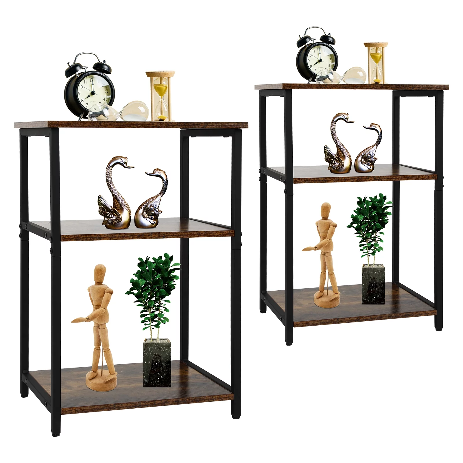 Fionafurn 3 Tier Industrial Shelf Set of 2, Wood Bookcase Organizer with Metal Frame，Black