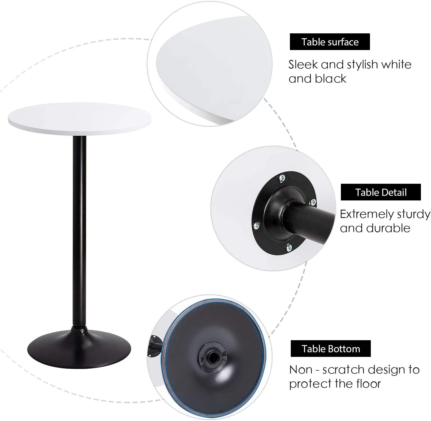 Bistro Pub Table Round Bar Height Cocktail Table Metal Base MDF Top Obsidian Table with Black Leg 23.8-Inch Top, 39.5-Inch Height (White)